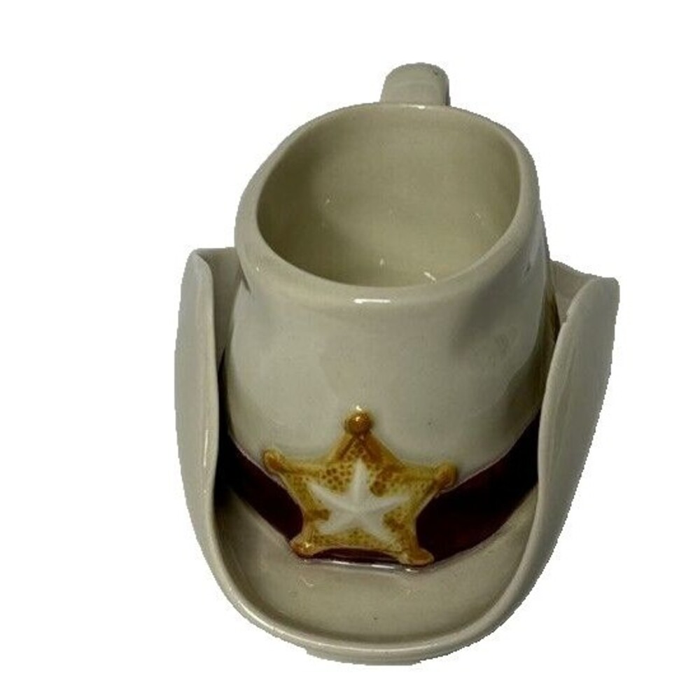 Sheriff Hat Shaped Cup With Handle Sheriff Star and Feather on Brim Of Hat